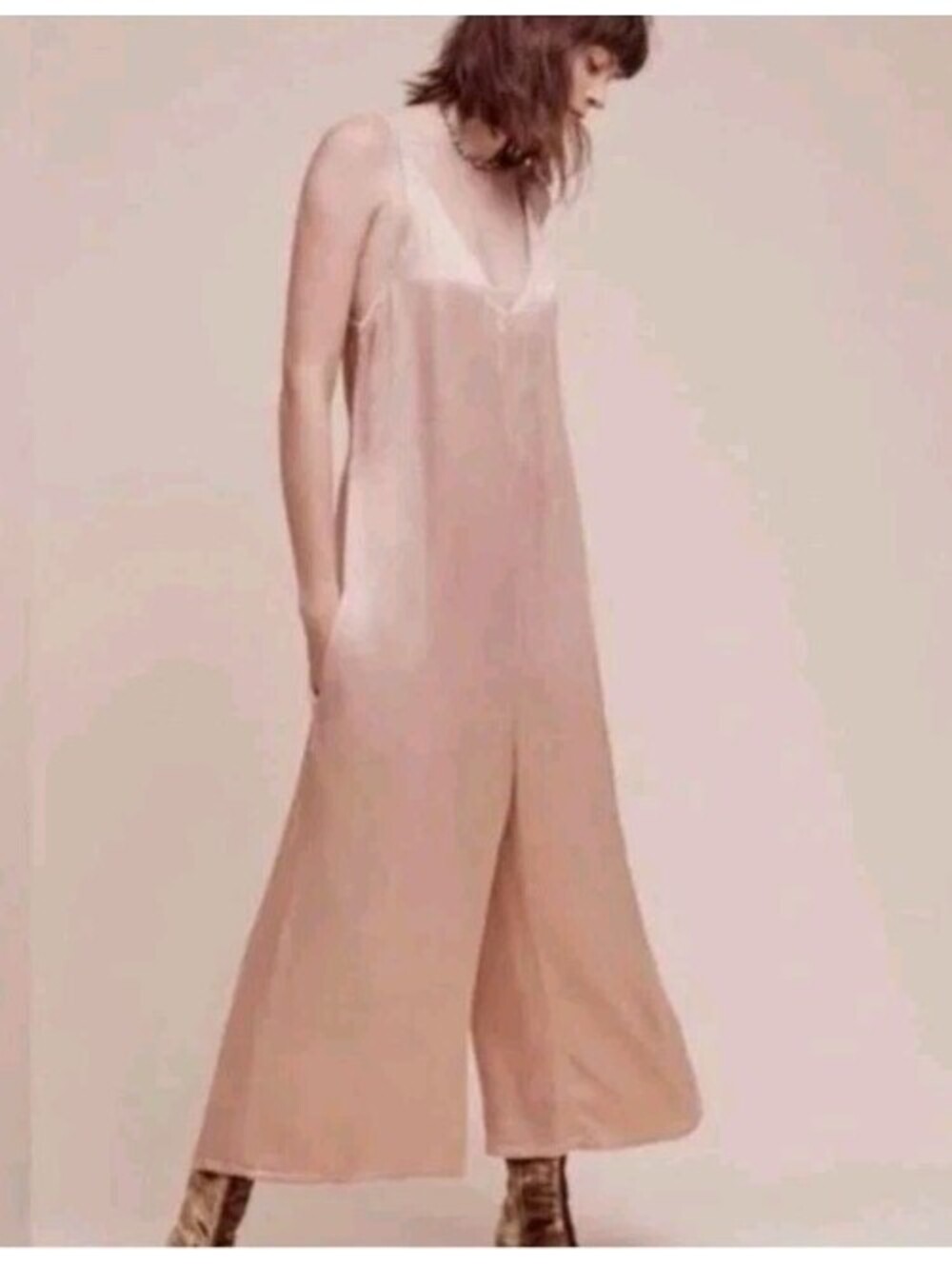 Lacausa for Anthropologie Santi Jumpsuit Silky Relaxed Wide Leg Plunge Salmon M